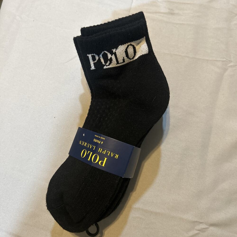 Polo Ralph Lauren Black Quarter Crew Socks Classic Sport 6 Pairs Shoe Size 4-10